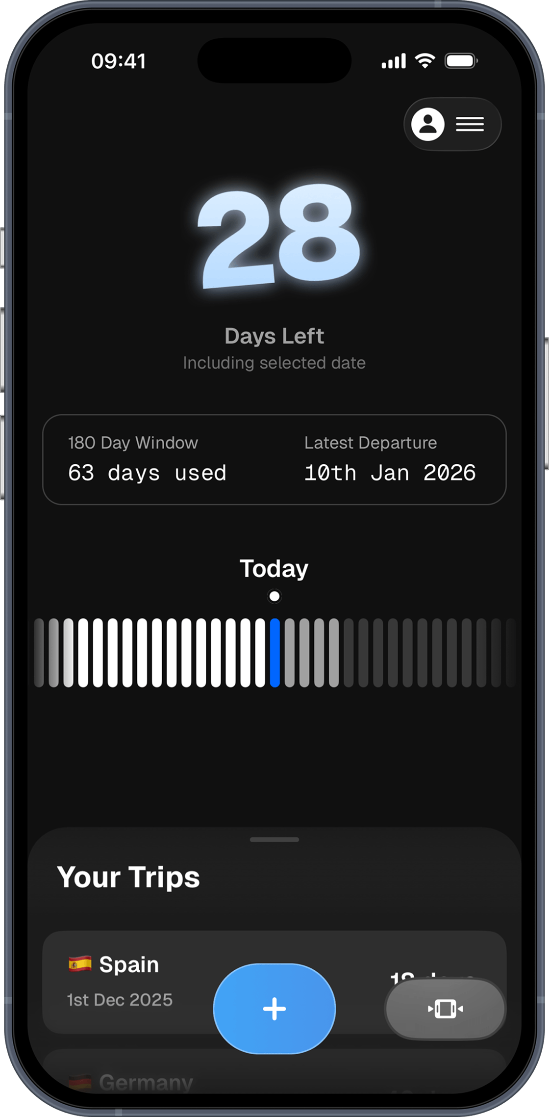 Home screen showing days remaining in the Schengen area