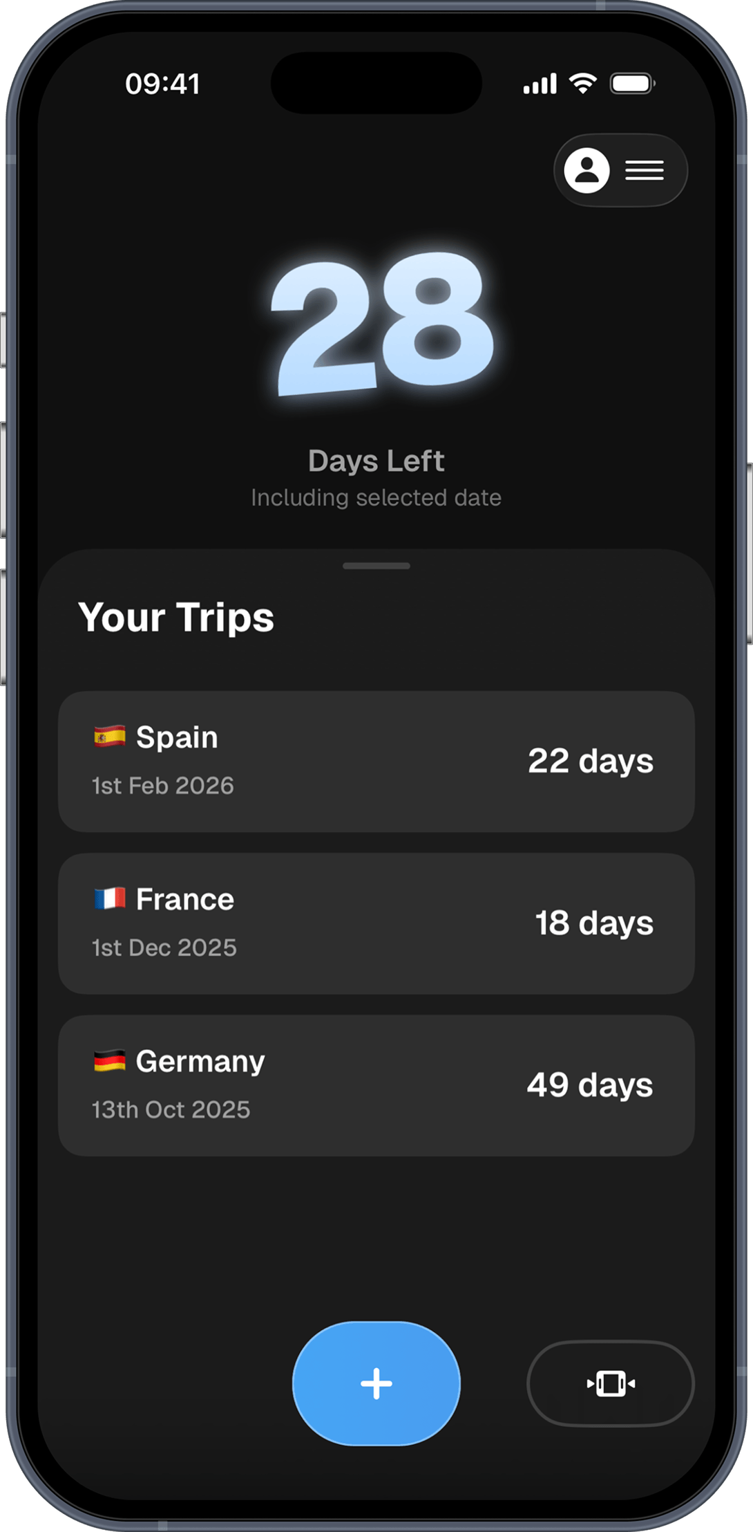 List of logged trips with their entry and exit dates